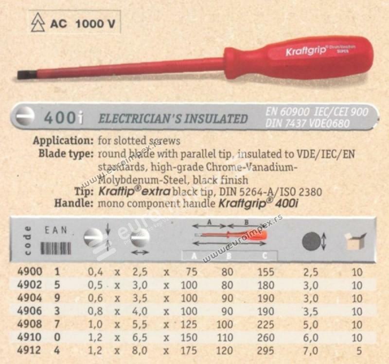 ODVIJAC 400I CRVENI 1000V RAVAN 0,5x3,0x100mm KRAFTGRIP