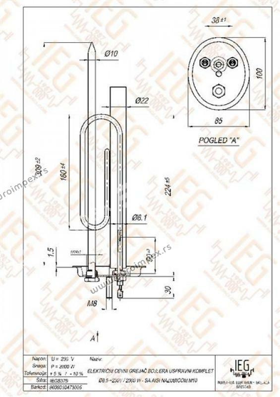 GREJAC ZA BOJLER PROHOM 2kW KOMPLET-PROHROM FLANŠA SA ANODOM 250mm IEGB379